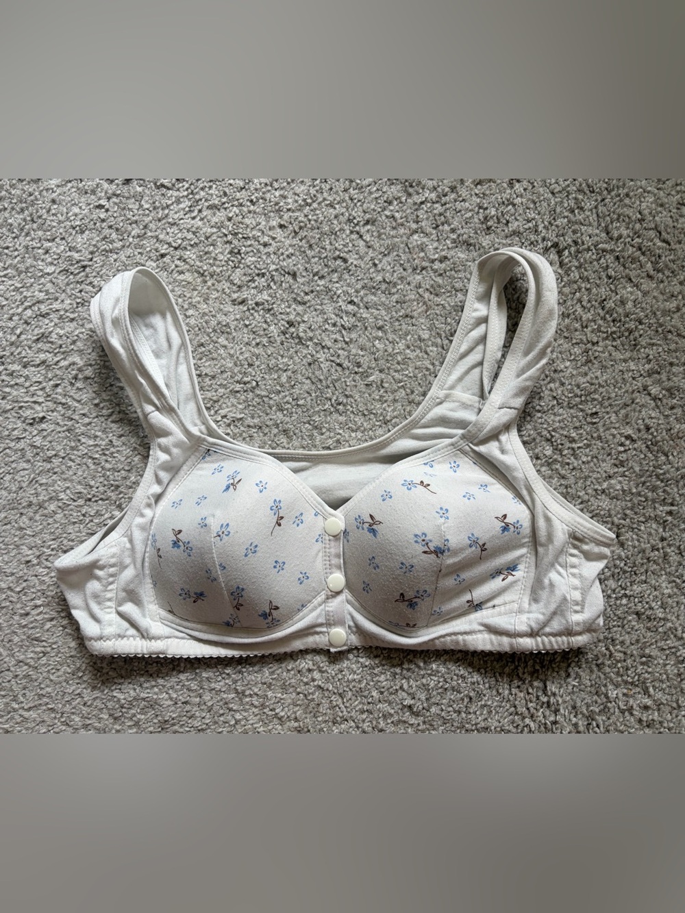 Floral Comfort Front Button Bra - White with Blue Print